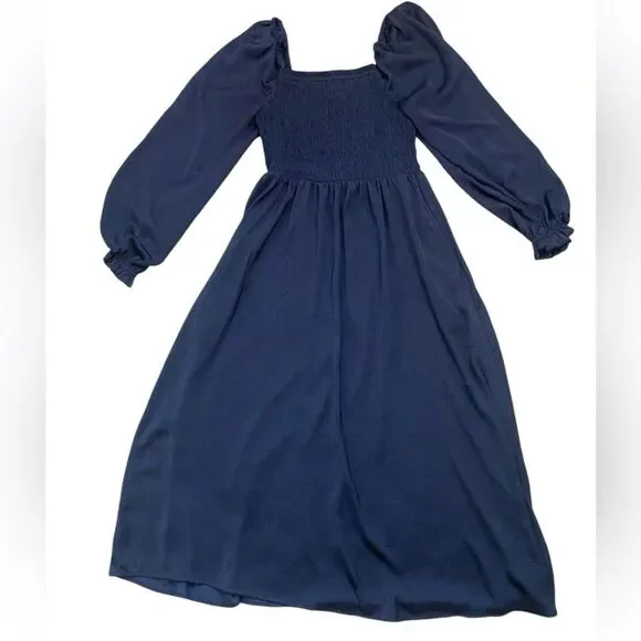 GAP Navy Smocked Bust Square Neck Long Sleeve Midi Dress - Picture 3 of 11